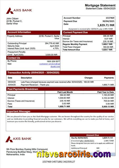 India Axis Bank mortgage statement Word and PDF template